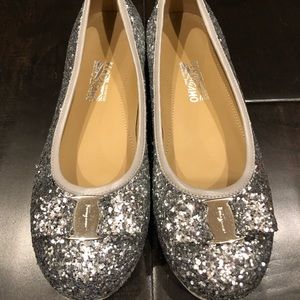 New Ferragamo girl silver glitter slipper shoes 33